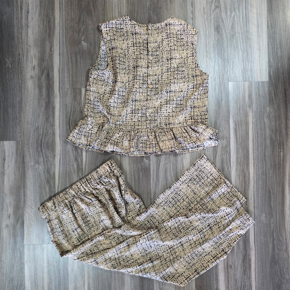Womens Tan‎ Black Abstract Print 2 Piece Set Peplum Top Wide Leg Pants Size M